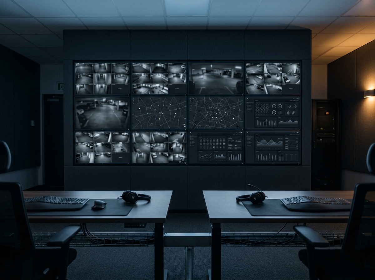 Muro de monitores del centro de monitoreo PROFEC